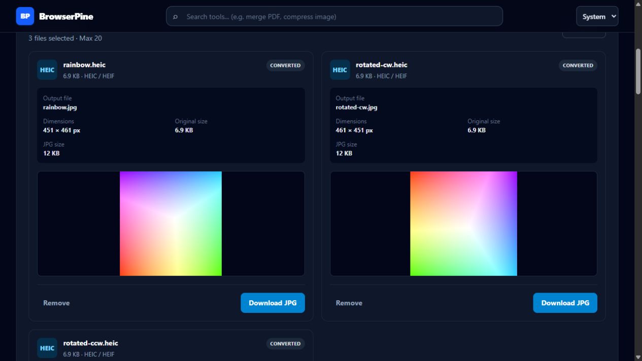HEIC to JPG results showing converted color test patterns and individual JPG download controls.